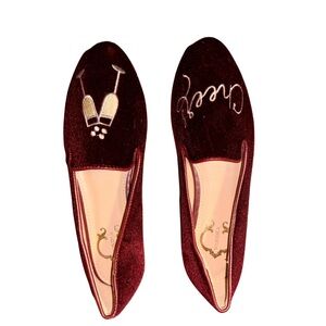 C. Wonder Burgundy Velvet Cheers Champagne Embroidered Flats